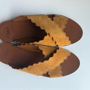 Chloé Tan Suede Scalloped Slide Sandals
